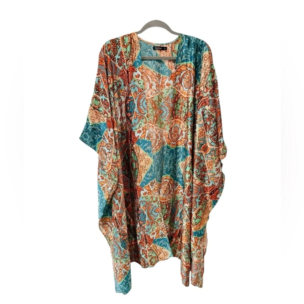 Boohoo Satin Boho Kimono Cover Up Turquoise Paisley Beach Resort S
